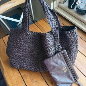 Woven Leather Falor Tote Bag in Deep Eggplant Purple Dark Brown in some light